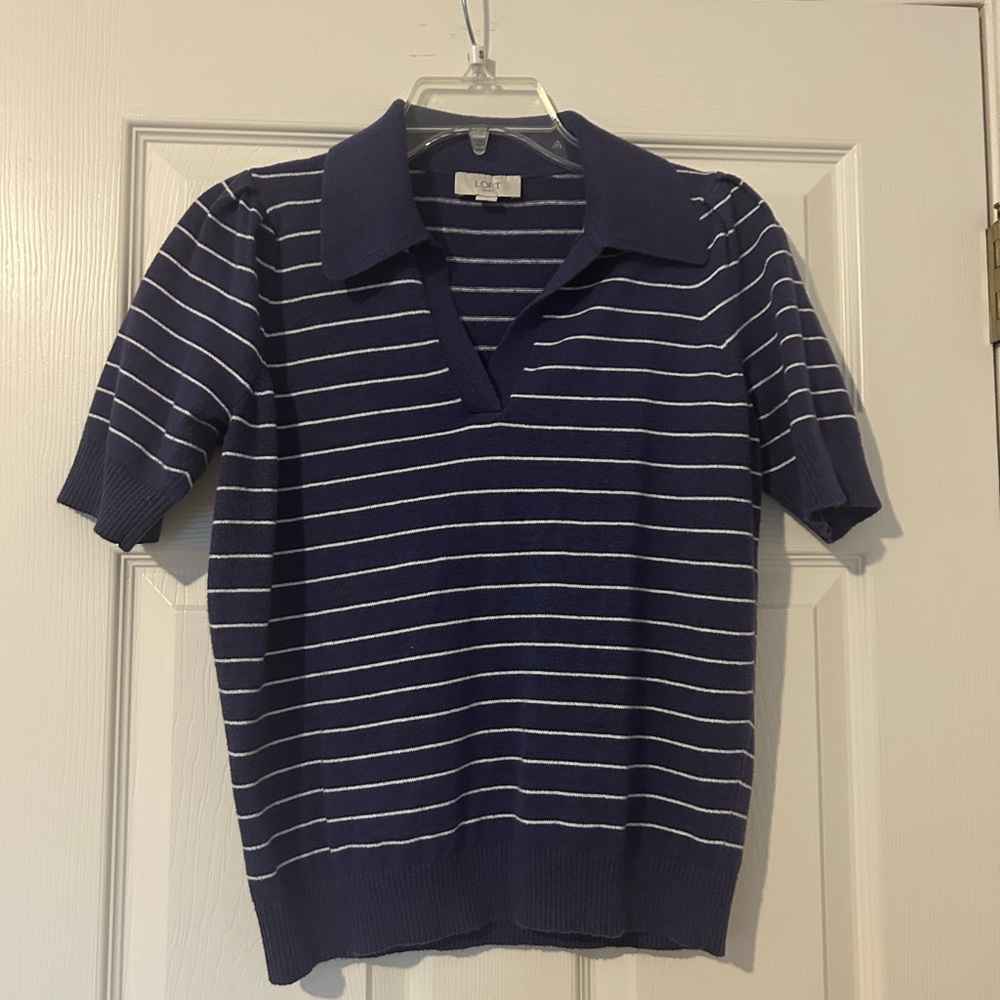 Loft Purple Striped Short Sleeve V neck sweater
